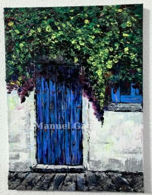 Cuadro al acrílico y espátula de una puerta de madera antigua pintada de azul en un pueblo, tamaño 30x40cm